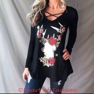 Women's Criss Cross V-Neck Long Sleeve Holiday Christmas Graphic Top Tunic Shirt
